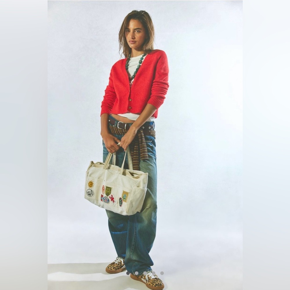 New Free People Cream Canvas Tote with Embroidered Patches